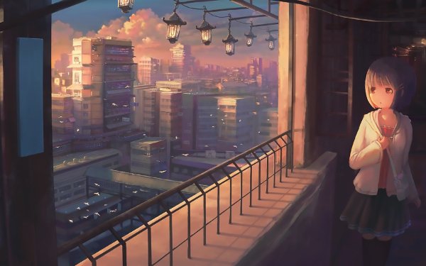 Anime Original Short Hair Balcony Lantern Building HD Wallpaper | Background Image
