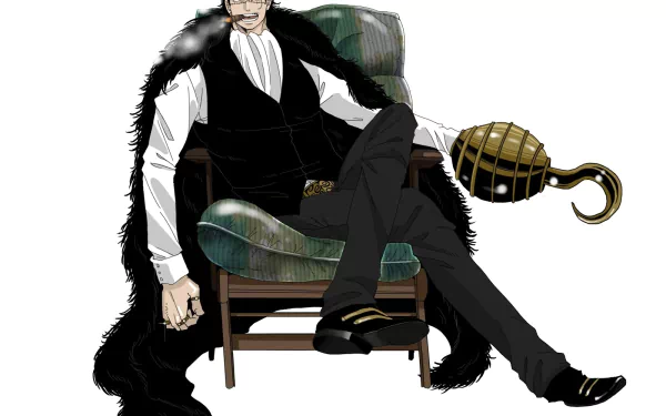 HD PC desktop wallpaper featuring Crocodile from the anime One Piece, depicted sitting confidently in a chair with his iconic hook hand.