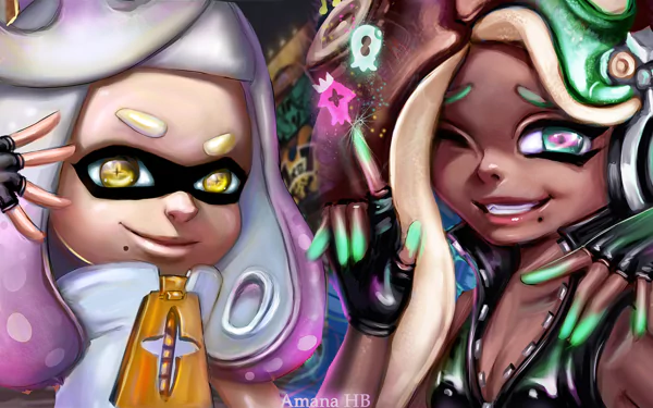 HD PC wallpaper featuring Pearl and Marina from Nintendo's Splatoon 2, the dynamic duo Off The Hook, wearing headphones in vibrant video game art style.
