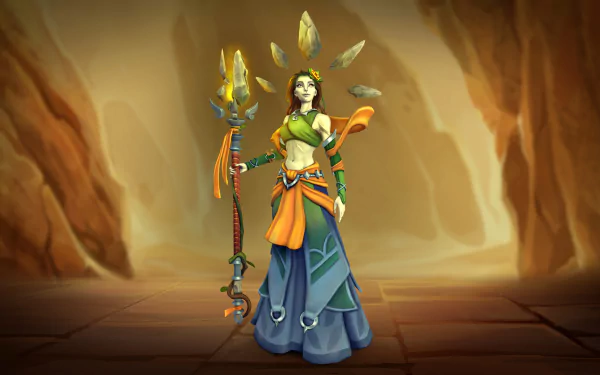 HD PC desktop wallpaper featuring Inara from the Paladins video game, standing with her staff in a mystical, cave-like environment.