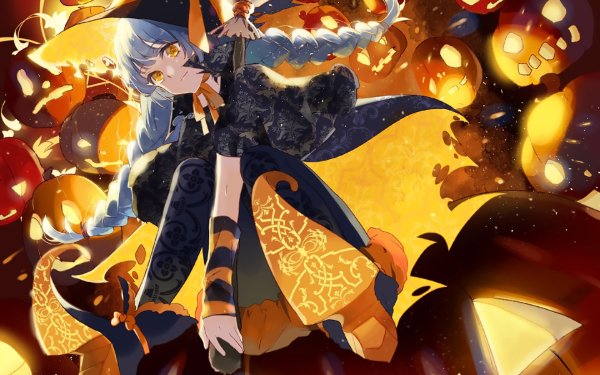 Anime Original Wizard Hat White Hair Pumpkin Halloween Yellow Eyes HD Wallpaper | Background Image