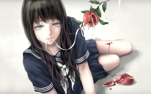 Anime Original Food Blue Eyes Long Hair Black Hair Schoolgirl School Uniform HD Wallpaper | Background Image