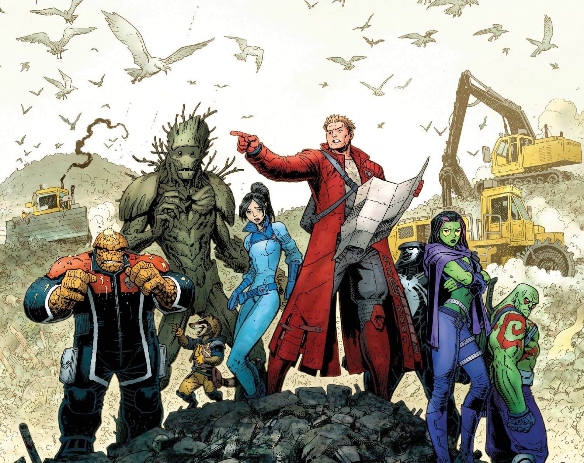 HD desktop wallpaper featuring Guardians of the Galaxy characters Gamora, Rocket Raccoon, Groot, Drax The Destroyer, Star Lord, and Marvel’s Thing in a comic-style illustration.