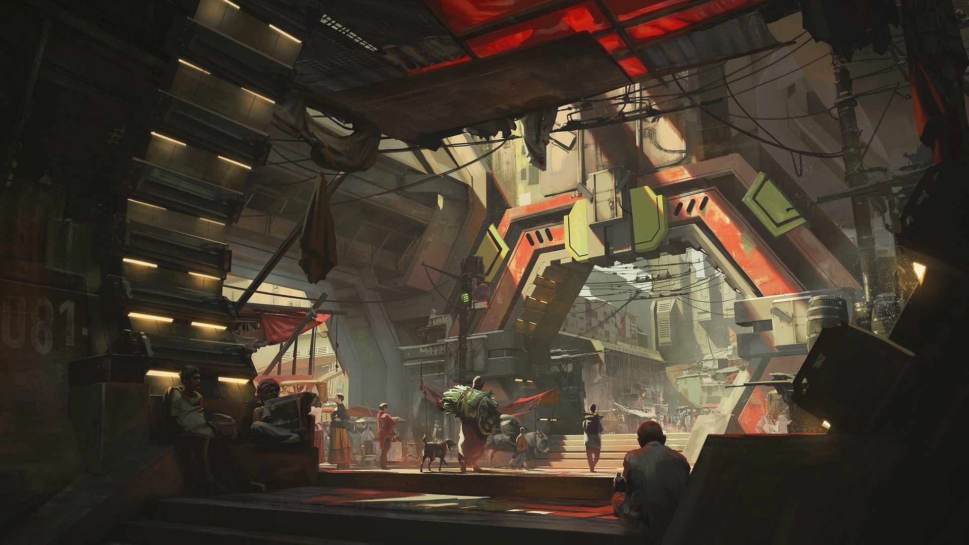 Futuristic sci-fi city scene with a large gate and people moving through an industrial, high-tech environment, rendered as an HD PC desktop wallpaper.