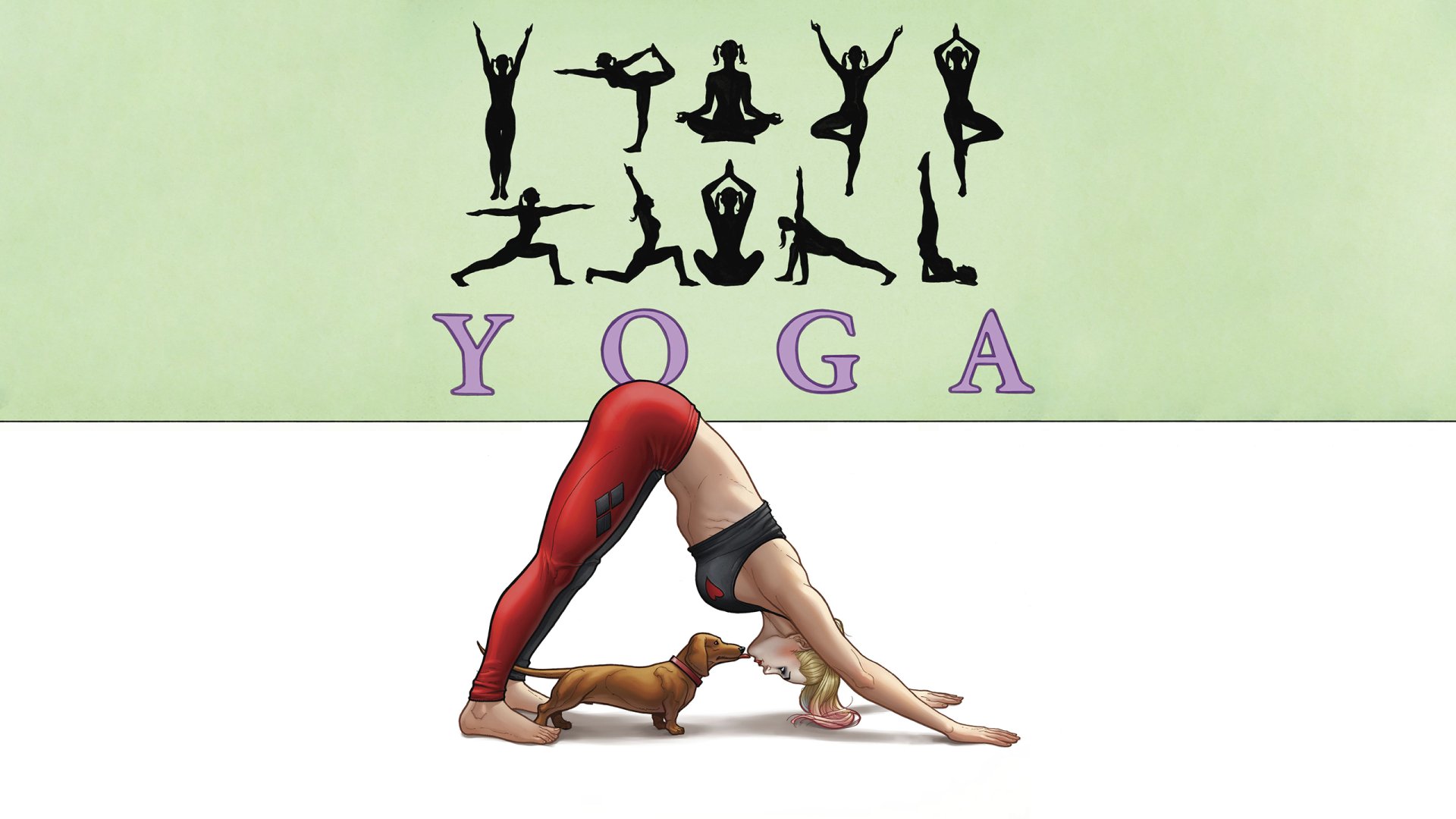 HD desktop wallpaper featuring a comic-style Harley Quinn doing a yoga pose with a small dog, set against a light green background with yoga silhouettes and the word YOGA.