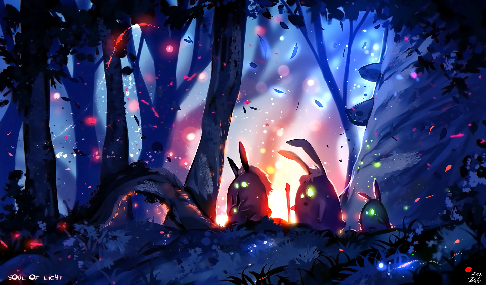 A fantasy forest scene with glowing bunnies among trees, illuminated by ethereal lights. HD wallpaper background blending nature and enchantment seamlessly.