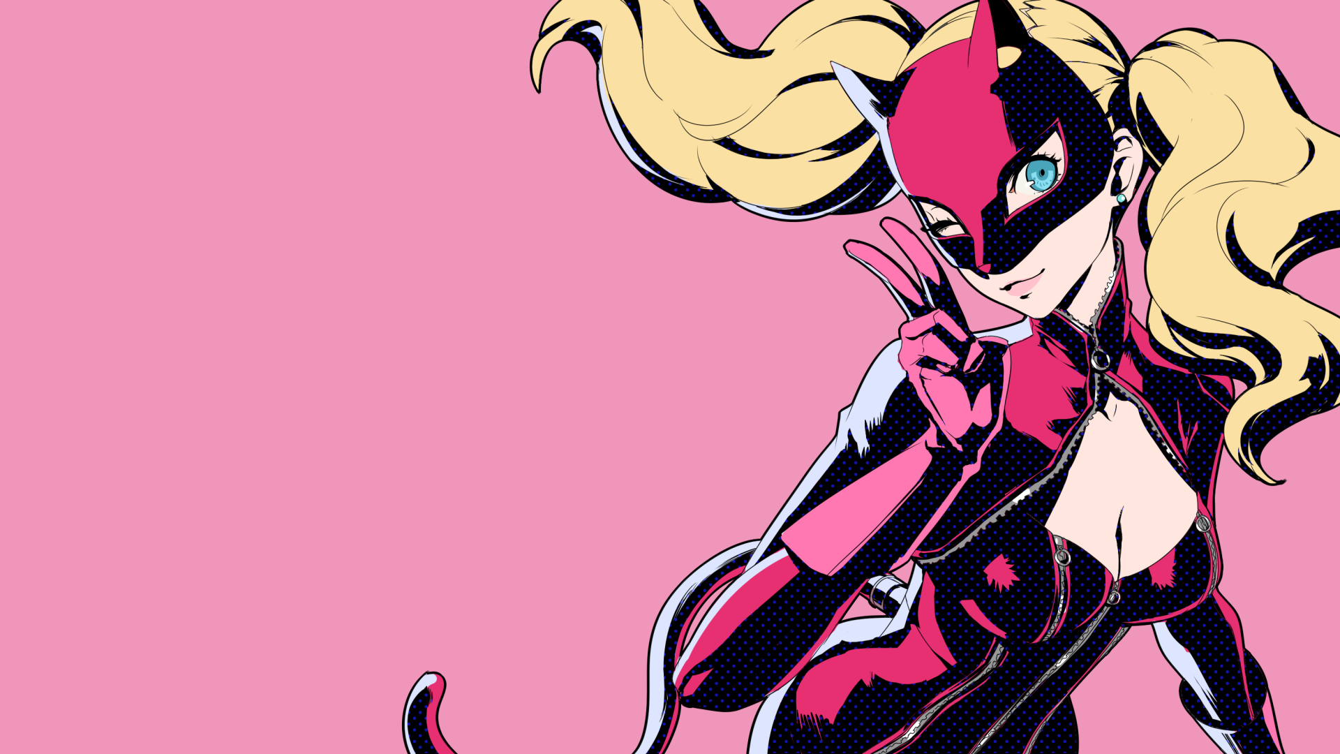 HD desktop wallpaper of a character from the video game Persona 5, featuring a blonde woman wearing a red catsuit and mask against a pink background.