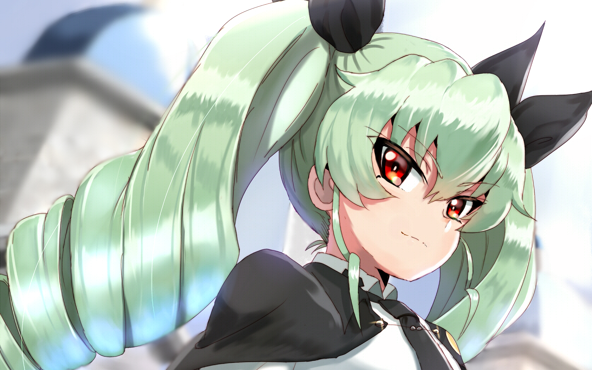 HD PC wallpaper featuring Anchovy from the anime Girls und Panzer, showcasing her distinct mint-green twin-tails and confident expression against a blurred background.