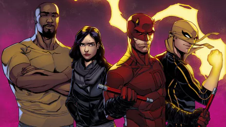 HD desktop wallpaper featuring Matt Murdock (Daredevil), Danny Rand (Iron Fist), Luke Cage, and Jessica Jones from the TV show The Defenders.