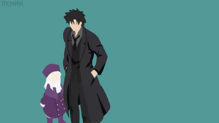 Minimalist HD anime wallpaper featuring Kiritsugu Emiya in coat and tie with black hair, and Illyasviel Von Einzbern in a hat with white hair from Fate/Zero.