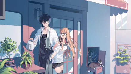 HD desktop wallpaper featuring Joker and Futaba Sakura from Persona 5, standing outside a café. The scene from the video game Persona shows them enjoying a peaceful moment together.