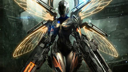 Futuristic woman warrior with mechanical wings and dual energy weapons stands ready in a sci-fi fantasy setting, rendered in HD for a PC desktop wallpaper.
