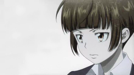 Close-up of Akane Tsunemori (Psycho-Pass), anime HD PC desktop background wallpaper: serious expression, short brown hair with blunt bangs, wearing a collared uniform against a soft gray backdrop.