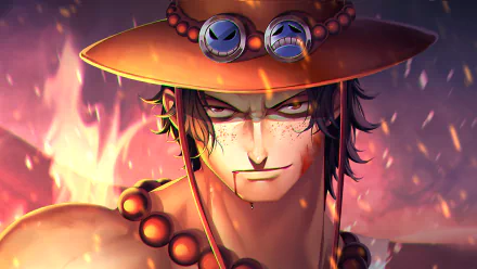 HD desktop wallpaper of Portgas D. Ace from the anime One Piece, featuring a detailed portrait with intense expression and fiery background.