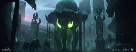 HD PC desktop wallpaper from Destiny 2 featuring a dark, futuristic scene with glowing green eyes on a large statue and mysterious armored figures.