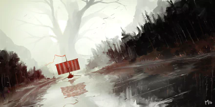 HD wallpaper of a fantasy scene featuring a drakkar sailing down a reflective river, flanked by dense, dark forests, with a large tree in the background.