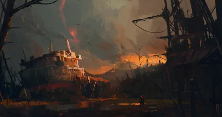 HD desktop wallpaper depicting a wrecked ship in a post-apocalyptic, sci-fi landscape with a dramatic sky.