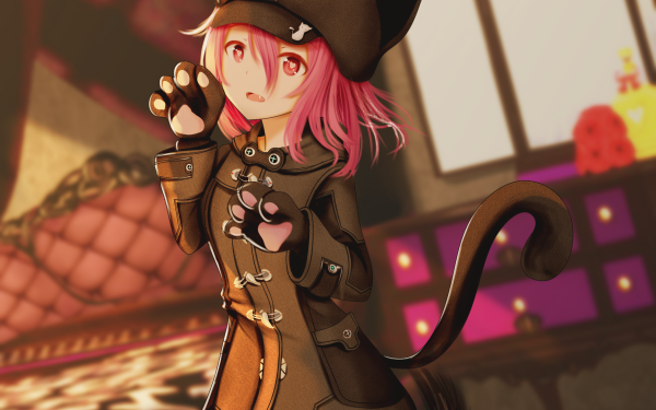 Anime Original Pink Hair Tail Nekomimi Hat Paw Red Eyes Fangs HD Wallpaper | Background Image