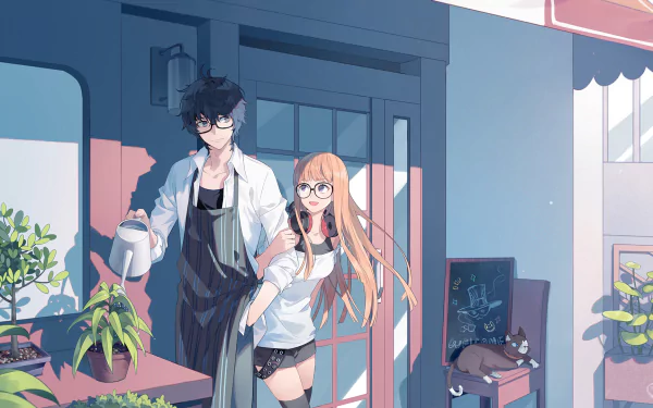 HD desktop wallpaper featuring Joker and Futaba Sakura from Persona 5, standing outside a café. The scene from the video game Persona shows them enjoying a peaceful moment together.