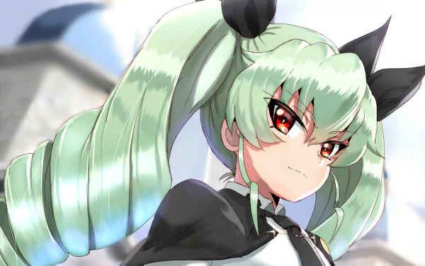 HD PC wallpaper featuring Anchovy from the anime Girls und Panzer, showcasing her distinct mint-green twin-tails and confident expression against a blurred background.