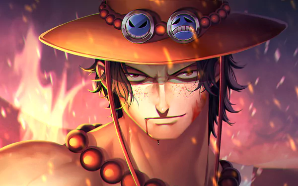 HD desktop wallpaper of Portgas D. Ace from the anime One Piece, featuring a detailed portrait with intense expression and fiery background.