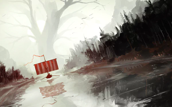 HD wallpaper of a fantasy scene featuring a drakkar sailing down a reflective river, flanked by dense, dark forests, with a large tree in the background.
