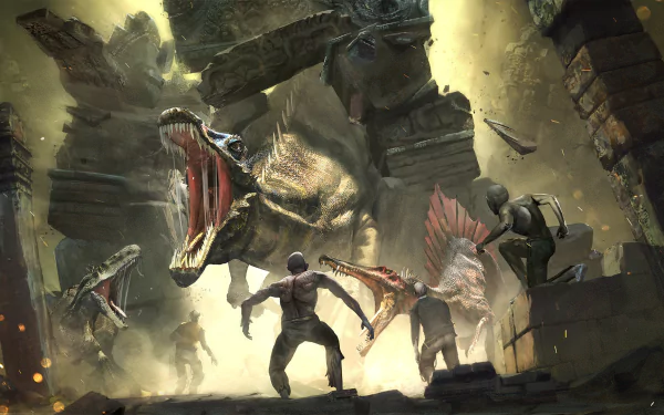 HD PC desktop wallpaper showcasing a dramatic scene with a roaring dinosaur confronting three armed humans in an ancient, crumbling environment.