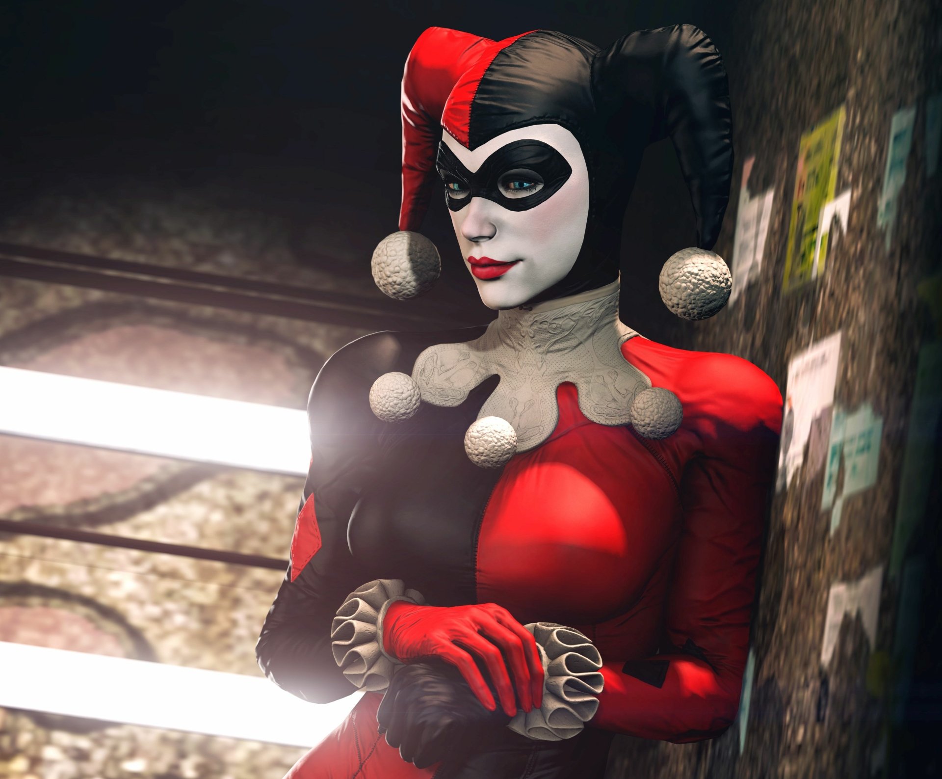 HD PC desktop wallpaper featuring Harley Quinn from the video game Batman: Arkham Knight, showcasing her iconic red and black jester costume in a dark, gritty setting.