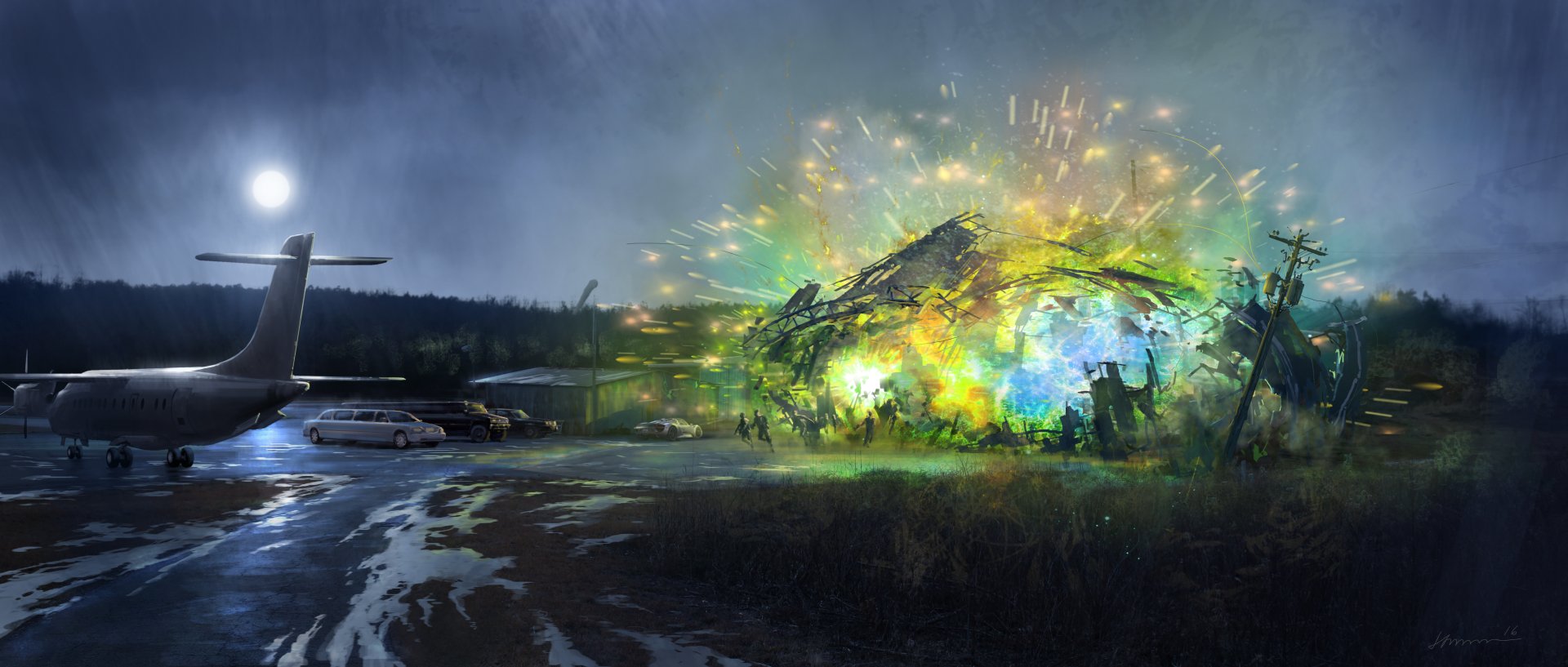 HD wallpaper from Spider-Man: Homecoming showing an explosion in an airport-like setting at night, with bright colors and sparks lighting up the scene.