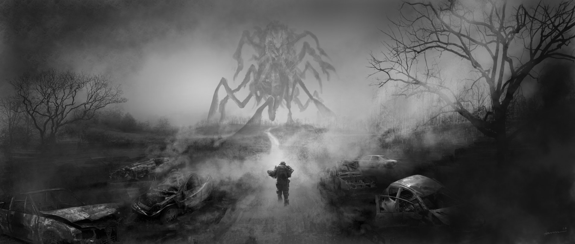 Black-and-white 4K Ultra HD wallpaper featuring a lone soldier confronting a giant spider-like creature in a foggy, post-apocalyptic battlefield from the movie Edge of Tomorrow.