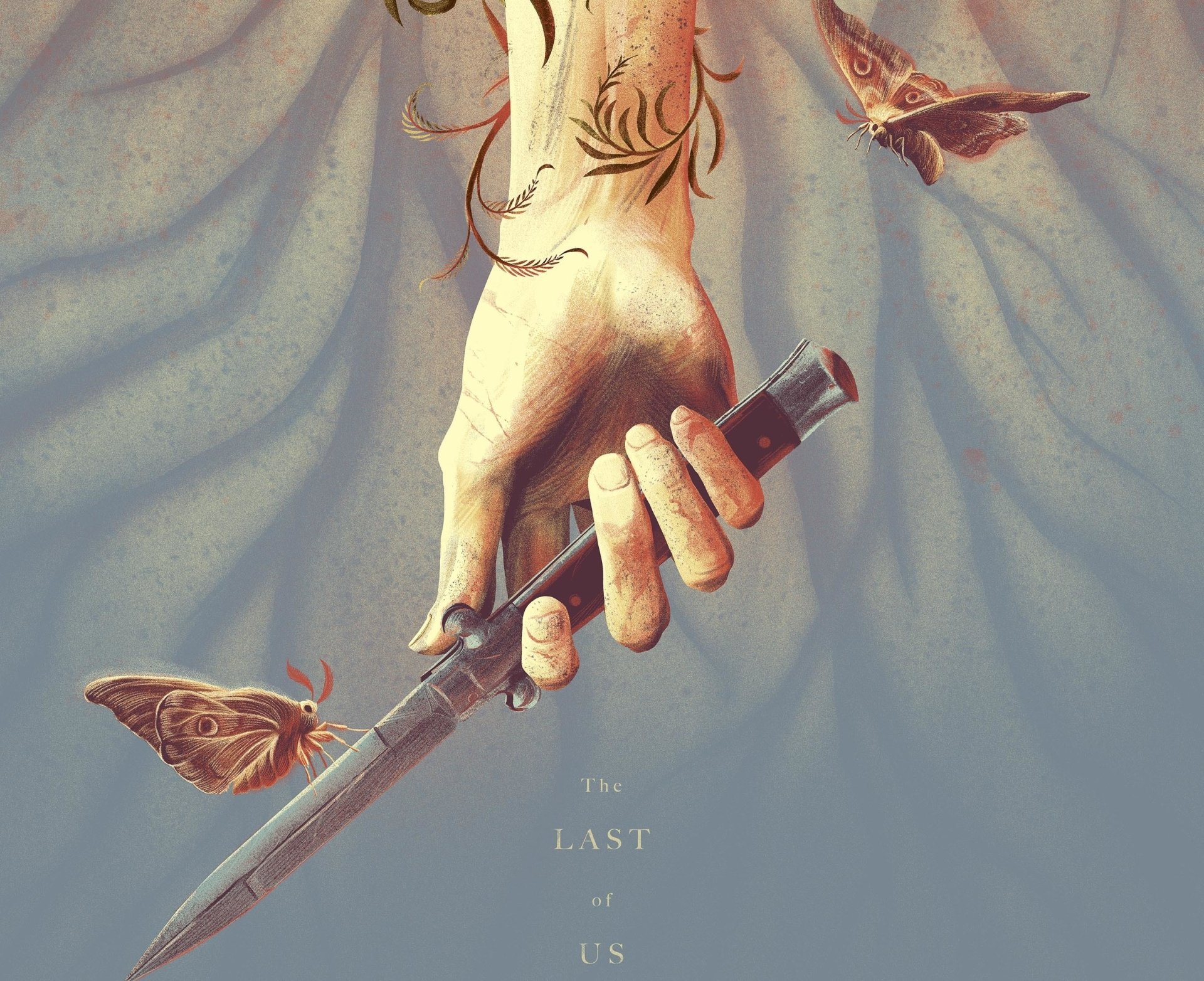 HD desktop wallpaper of The Last of Us Part II featuring a hand holding a rifle, adorned with a tattoo and butterflies.