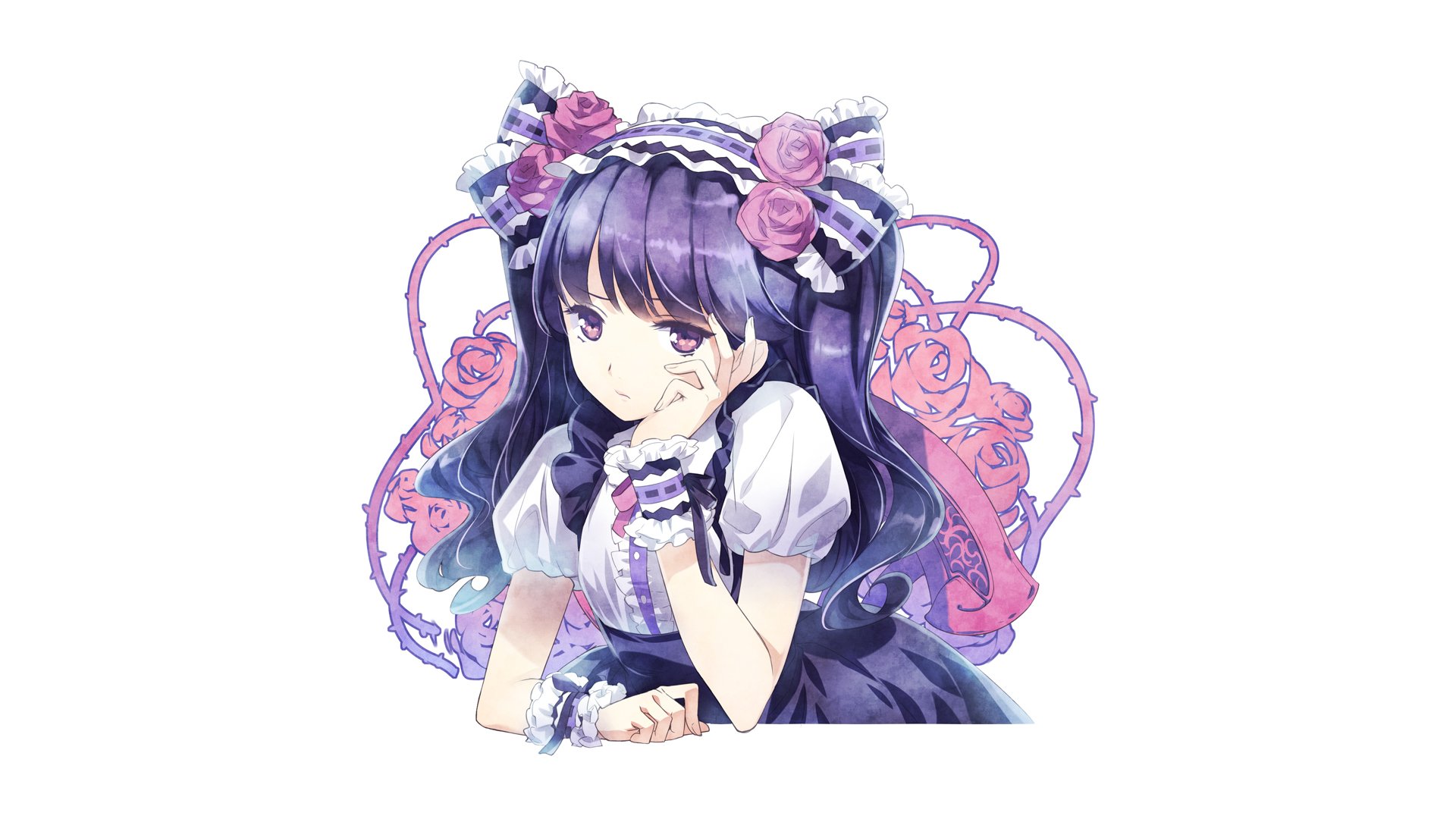 Anime-style original maid character with long dark hair adorned with ribbons and flowers, depicted in HD for PC desktop wallpaper.