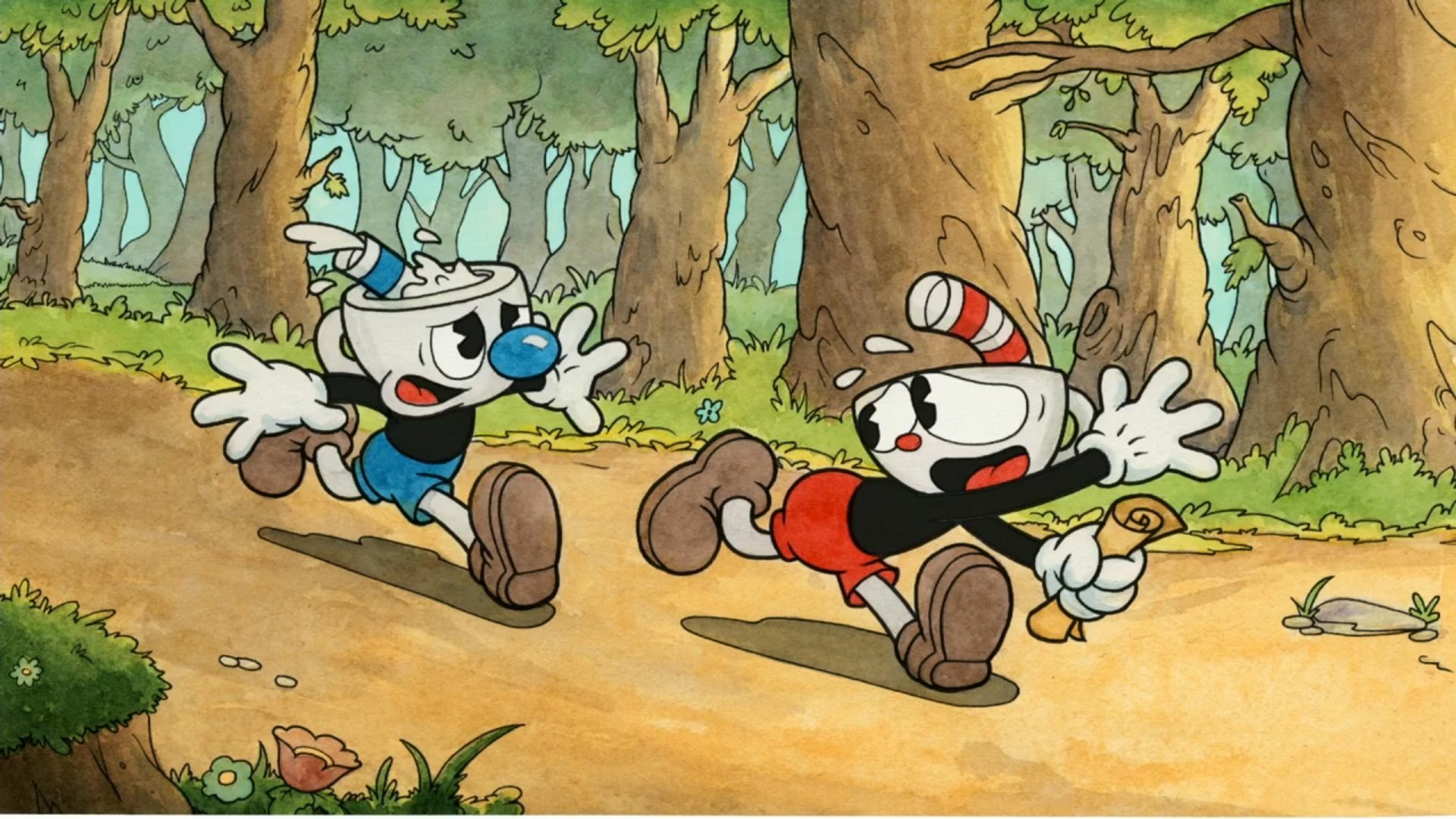 HD wallpaper featuring Cuphead and Mugman characters running through a forest background.