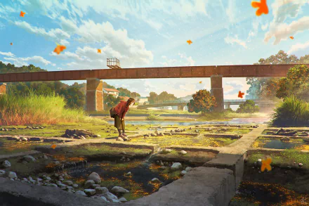 HD desktop wallpaper featuring an original anime scene of a person exploring a serene, sunlit countryside with a bridge, greenery, and floating autumn leaves in the background.