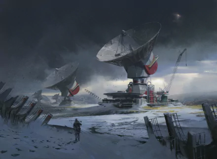 HD wallpaper depicting a sci-fi landscape with large radar structures in a snowy setting. The scene is dramatic with a dark sky, emphasizing the futuristic and isolated environment.