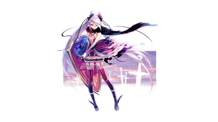 Anime original character with long white hair and thigh highs, holding a shield, set against a soft, abstract background in HD for PC wallpaper.