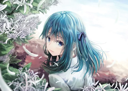 Anime original character with blue hair and blue eyes, wearing a shirt adorned with a ribbon, surrounded by white flowers in an HD desktop wallpaper.