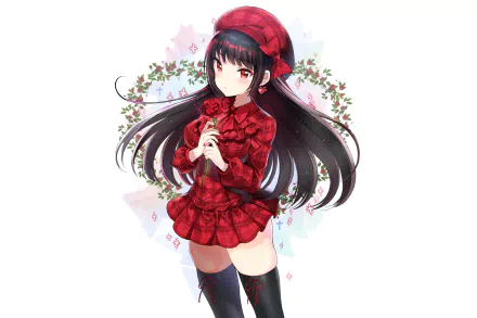 HD PC desktop wallpaper — original anime: long-haired girl with red eyes in a red dress and beret, holding a flower against a soft floral background.