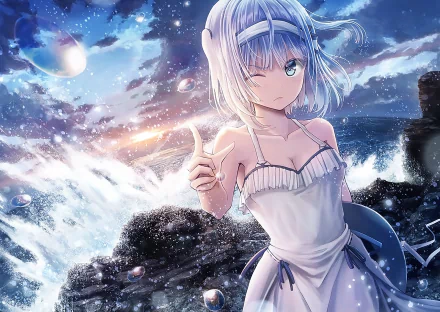 HD anime desktop wallpaper of a white-haired girl in a dress standing on a rocky beach with waves crashing and a dramatic sky in the background.