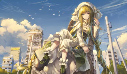 HD PC desktop wallpaper from the video game Forever 7th Capital, featuring a serene girl in a flowing dress against a bright urban sky with birds and clouds.