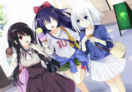 HD desktop wallpaper featuring Origami Tobiichi, Tohka Yatogami, and Kurumi Tokisaki from the anime Date A Live, enjoying ice cream together with cheerful expressions.