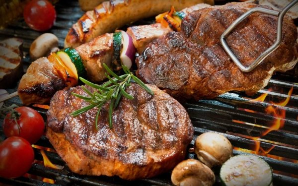 Food Barbecue Meat Tomato Mushroom HD Wallpaper | Background Image