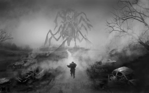 Black-and-white 4K Ultra HD wallpaper featuring a lone soldier confronting a giant spider-like creature in a foggy, post-apocalyptic battlefield from the movie Edge of Tomorrow.