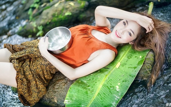 Women Asian Model Lying Down Smile Brunette Leaf HD Wallpaper | Background Image