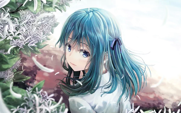 ribbon shirt blue eyes blue hair flower Anime Original HD Desktop Wallpaper | Background Image