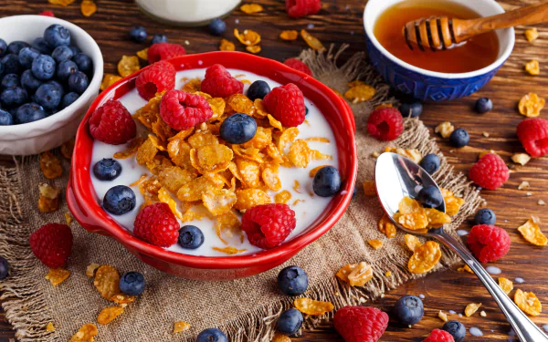 A vibrant 4K Ultra HD still life of a breakfast bowl with milk, muesli, raspberries, and blueberries, accompanied by honey and fresh berries on a rustic wooden table.