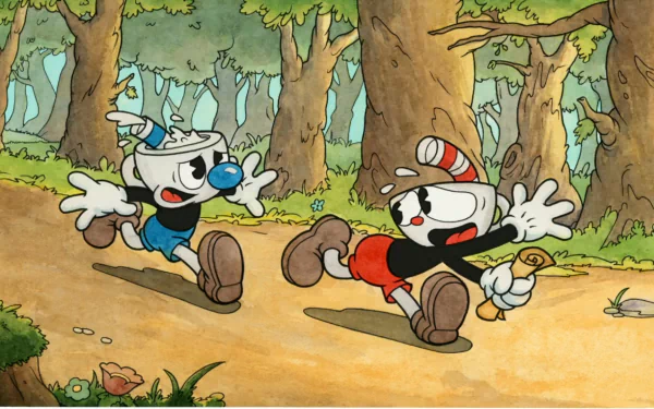HD wallpaper featuring Cuphead and Mugman characters running through a forest background.