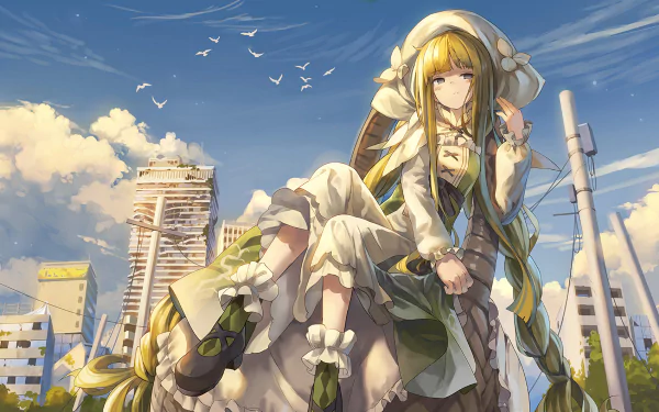 HD PC desktop wallpaper from the video game Forever 7th Capital, featuring a serene girl in a flowing dress against a bright urban sky with birds and clouds.