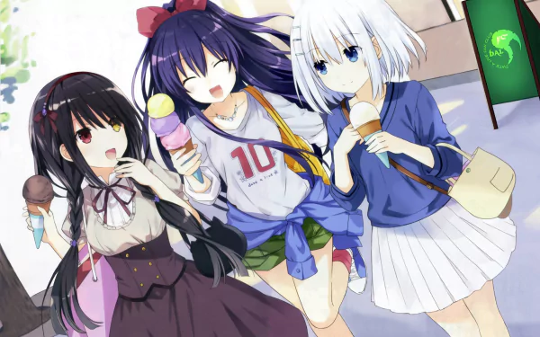 HD desktop wallpaper featuring Origami Tobiichi, Tohka Yatogami, and Kurumi Tokisaki from the anime Date A Live, enjoying ice cream together with cheerful expressions.
