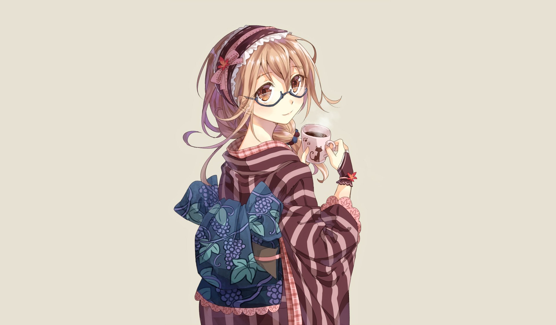 Anime-style original HD desktop wallpaper featuring a girl with glasses in a striped kimono holding a teacup, set against a light beige background.
